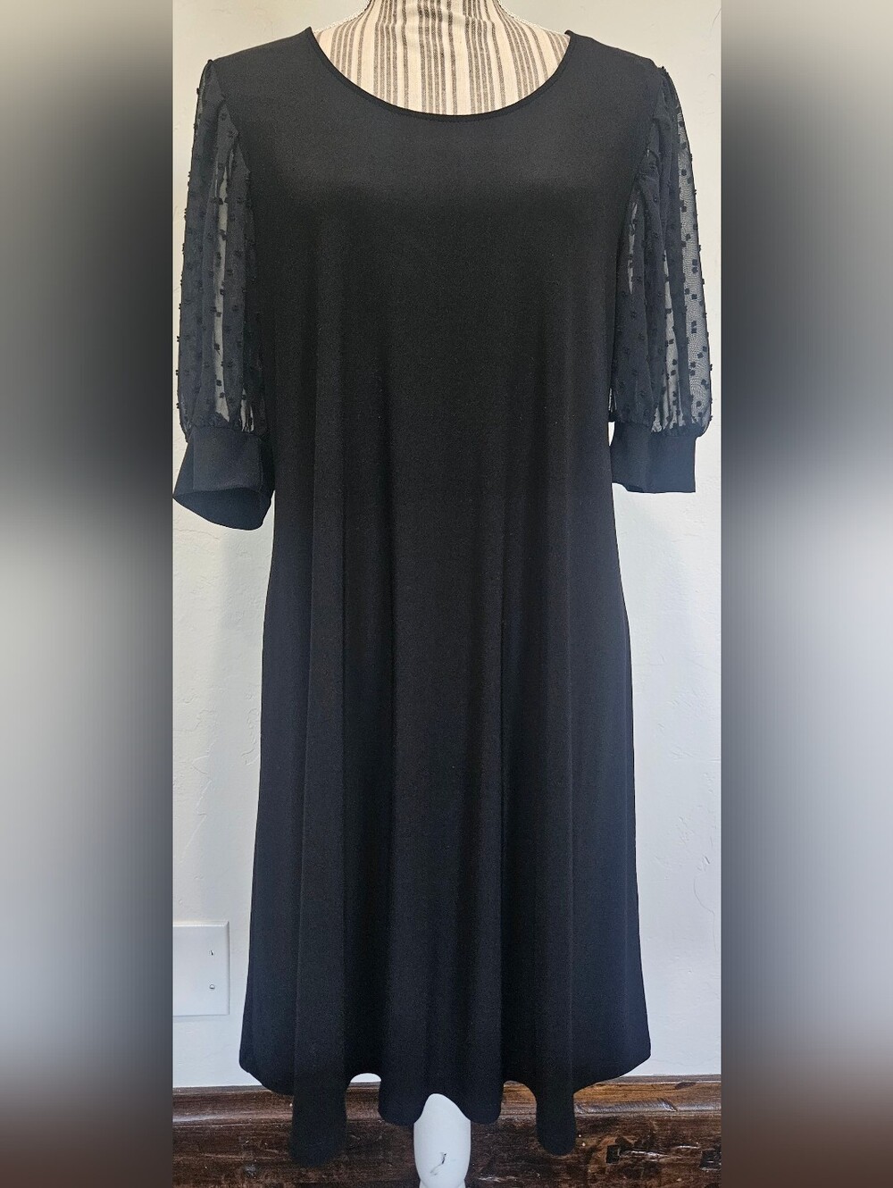 MSK Black Midi Dress with Sheer Dotted Elbow Sleeves